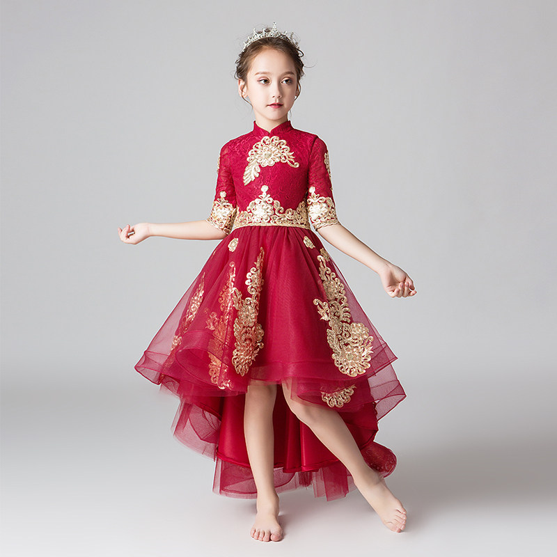 女童中式走秀礼服前短後长公主裙红色花童小主持人儿童钢琴演出服