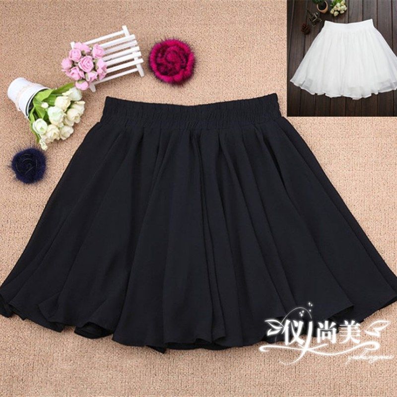 a字百褶雪纺短裙黑白色半身裙女夏季蓬蓬裙裤大码打底高腰纱裙子