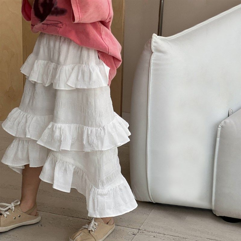 女童半身裙2024夏装新款女孩荷叶边裙子百搭白色儿童公主裙蛋糕裙