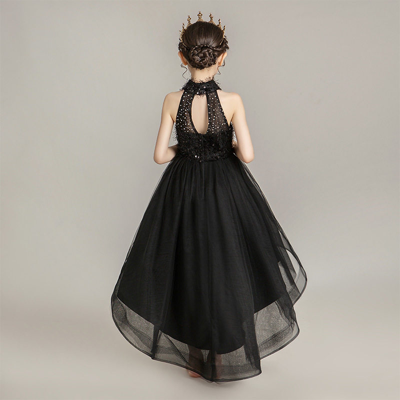 女童高端礼服演出服小女孩 走秀黑色前短后长定做时尚公主裙夏季