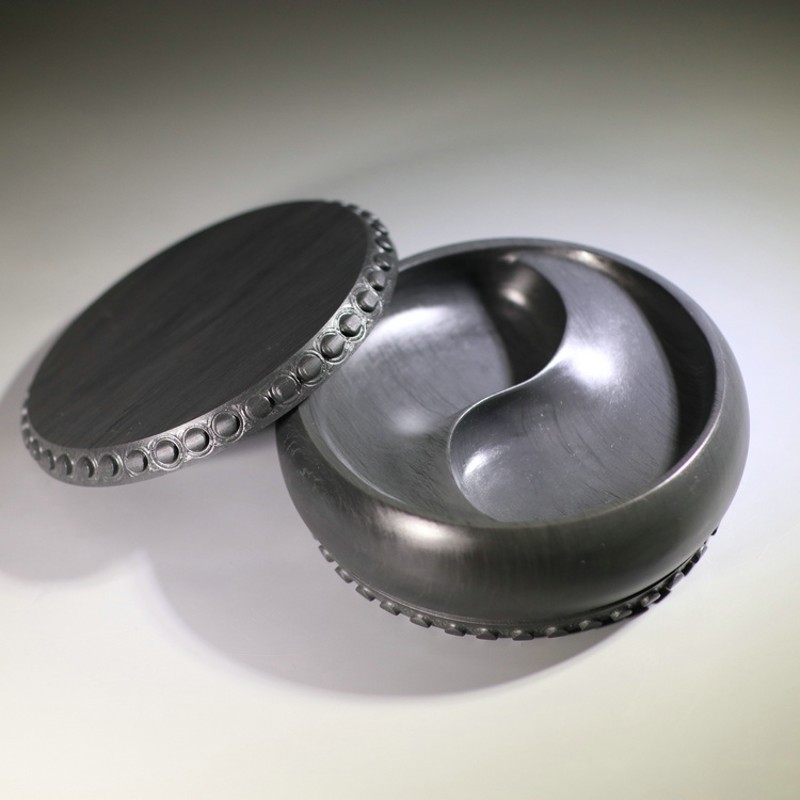 原石太极鼓歙砚带石盖砚台徽墨书法书画文房四宝砚台徽墨宣纸湖笔