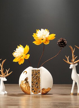 花瓶桌面鹿摆件酒柜新中式家居房间客厅玄关干花插花摆设装饰品