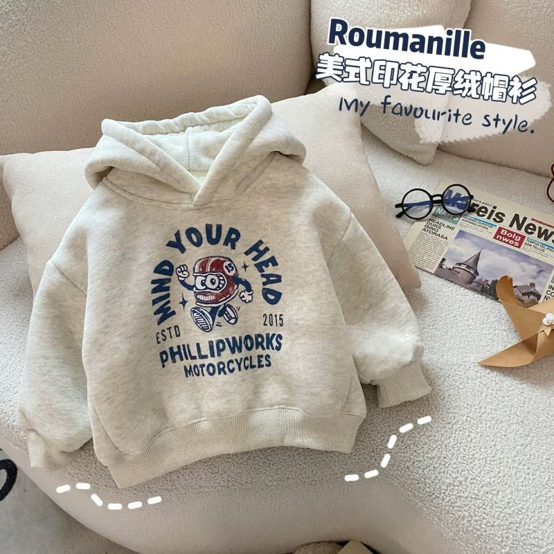 男童加绒卫衣秋冬季新款宝宝韩版卡通印花羊羔绒加厚保暖连帽上衣