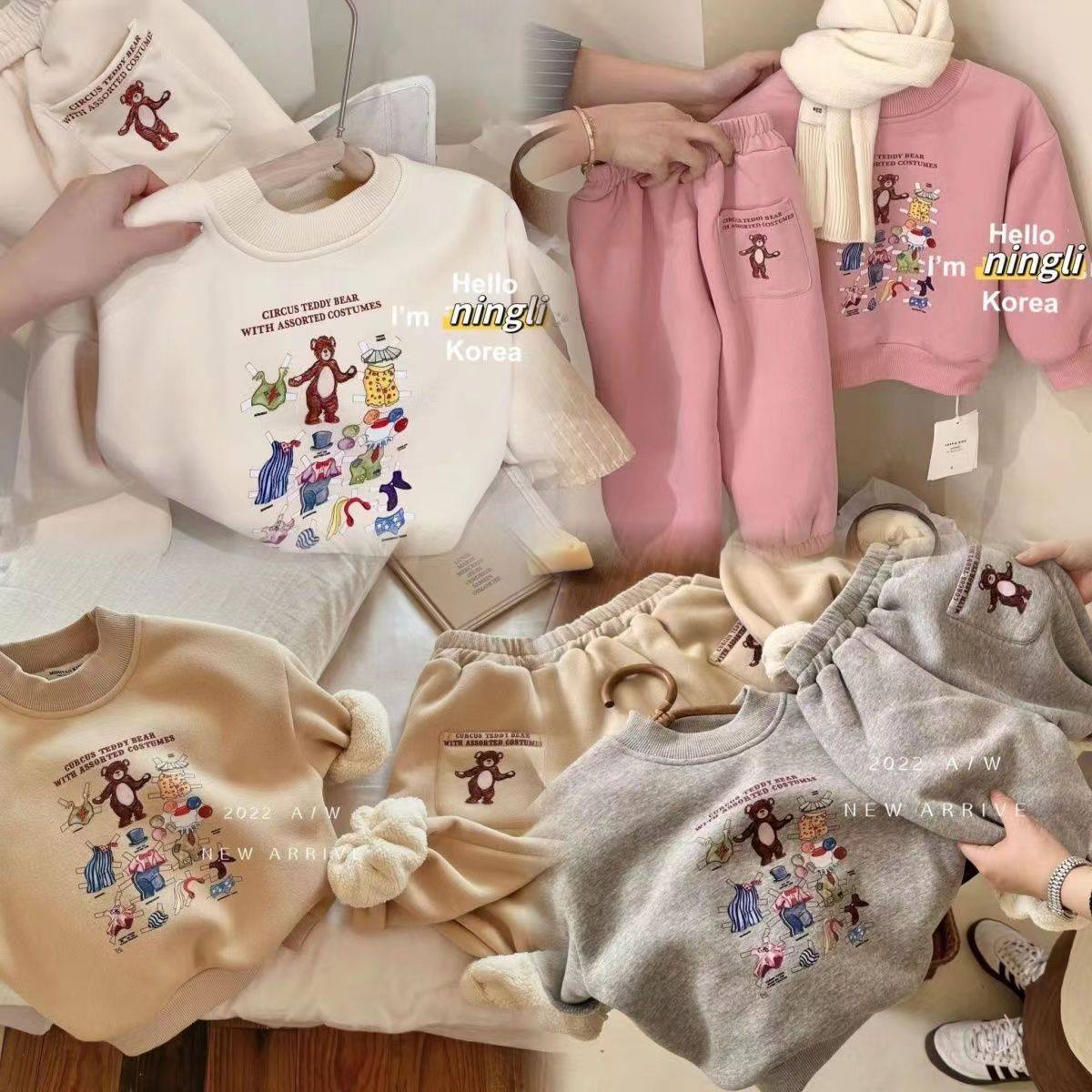 儿童加绒加厚套装秋冬季男女童卡通印花宽松卫衣卫裤运动两件套潮