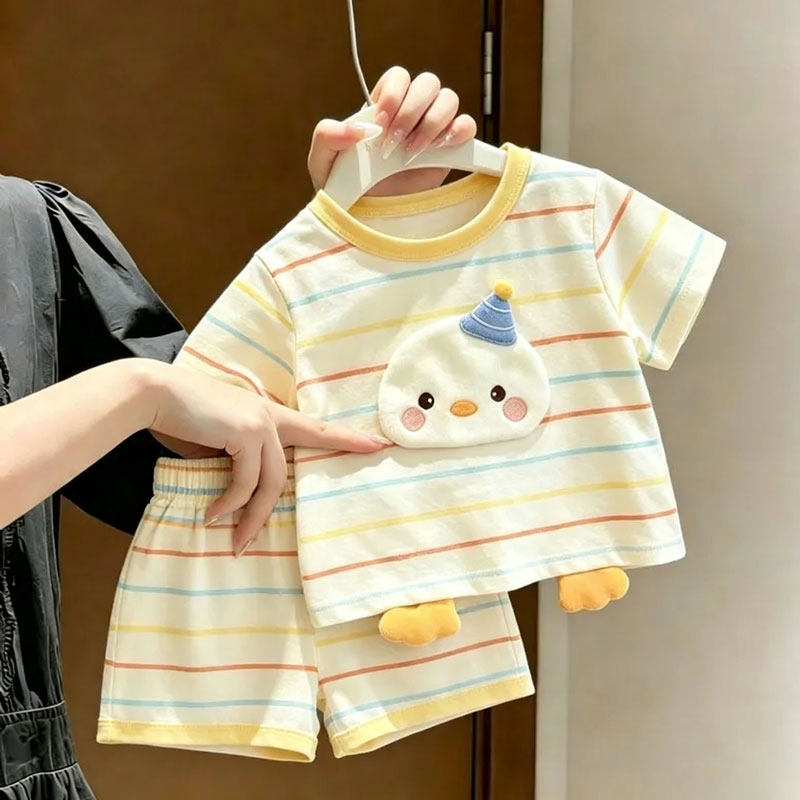 男女童短袖套装夏季新款中小童立体卡通玩偶条纹休闲短裤两件套潮
