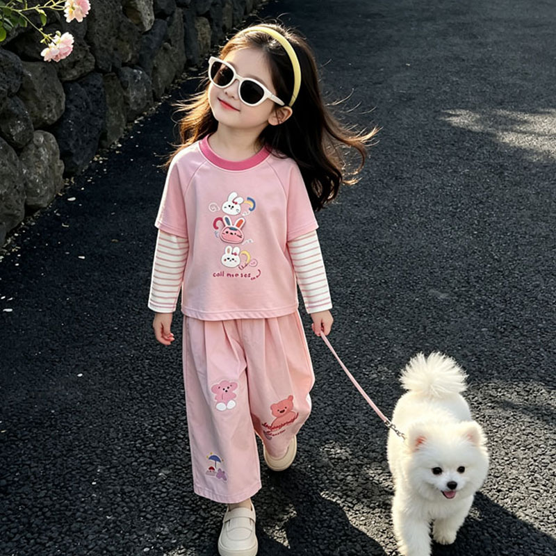 女童长袖T恤套装春秋款女宝宝洋气卡通假两件上衣休闲长裤两件套