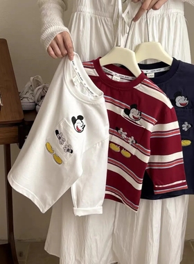 宝宝纯棉长袖t恤春秋季男女童刺绣米奇条纹圆领百搭休闲打底上衣