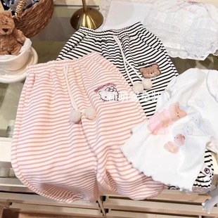女童条纹裤子春秋新款女宝宝卡通刺绣束脚裤洋气休闲宽松运动卫裤