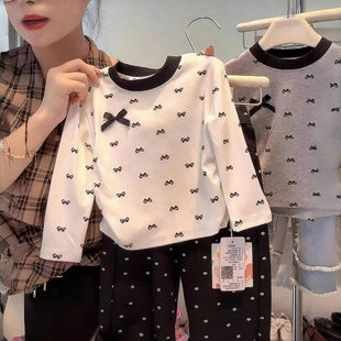女宝宝洋气满印蝴蝶结弹力上衣百搭拼色打底衫 女童长袖 t恤春秋款