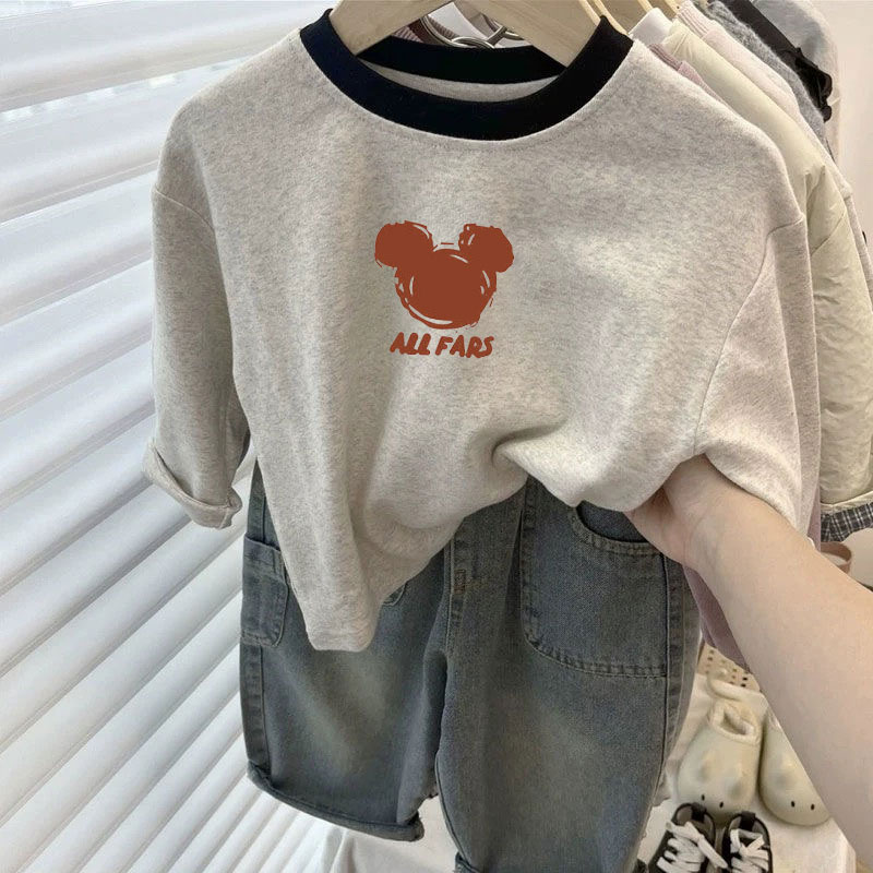 儿童纯棉长袖t恤春秋季新款男女宝宝韩版卡通圆领拼色内搭打底衫