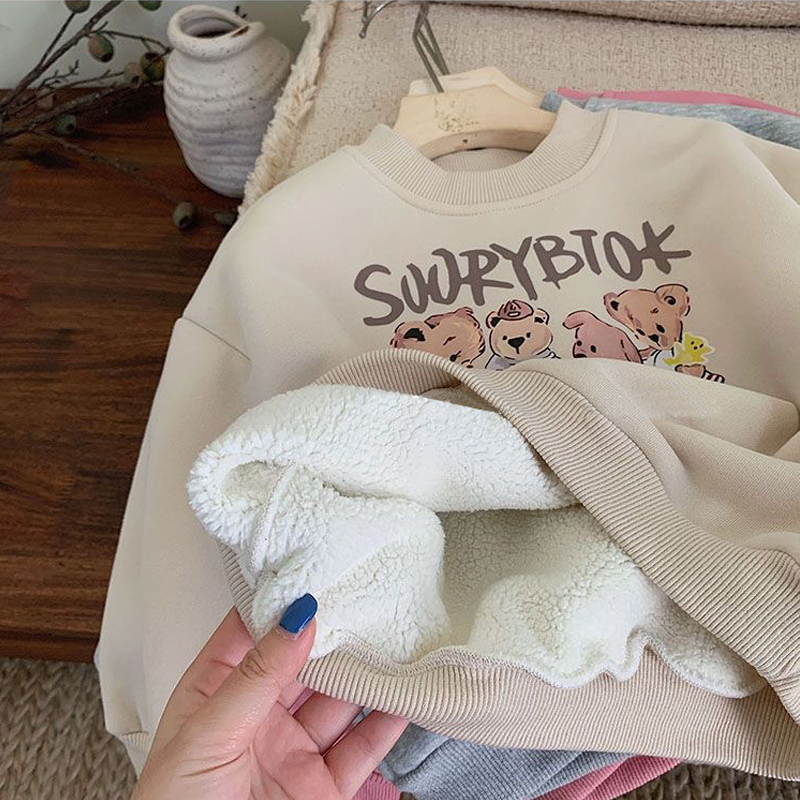 儿童加绒加厚卫衣秋冬季新款男女宝宝卡通小熊宽松圆领套头上衣服