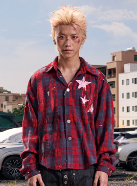 DreamBand2025AW负空间做旧高级感格子衬衫男款休闲铆钉贴布青年