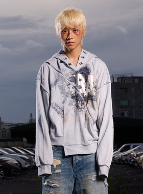 DreamBand连帽解构卫衣蓝黑美式连帽卫衣男款破洞青年宽松潮牌