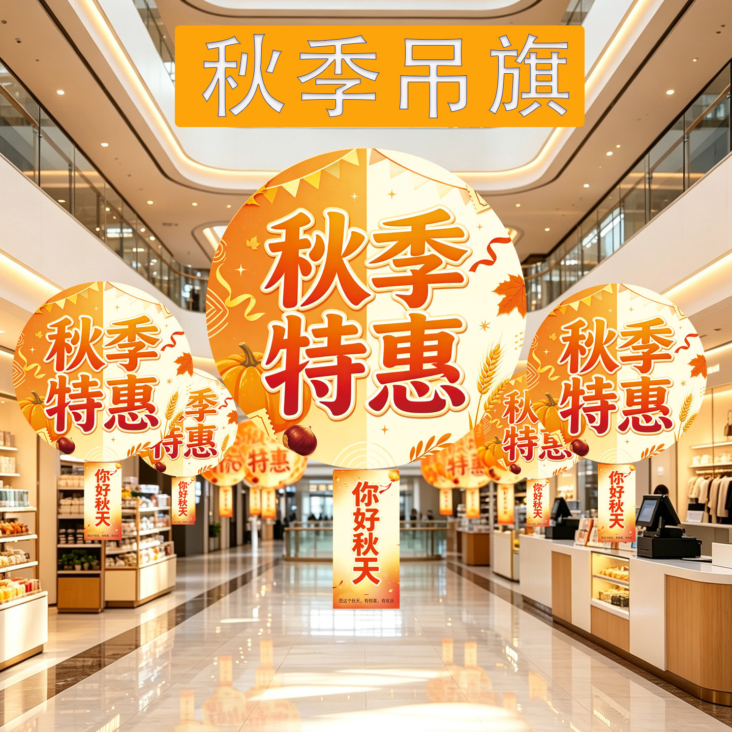 秋季特惠吊旗商场超市装饰品节庆布置金秋换新季上新串旗活动布置