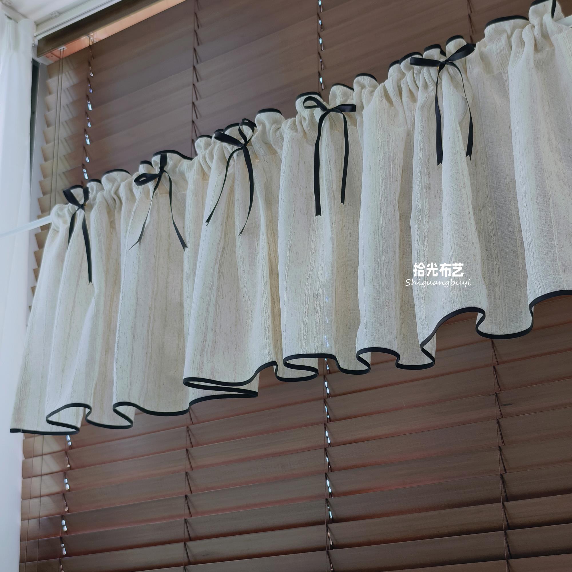 复古棉麻纱短帘黑色蝴蝶结半帘隔断门帘厨房橱窗窗帘柜帘遮挡防尘