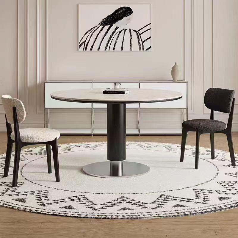 中古风复古实木岩板餐桌法式复古风小户型家用不锈钢圆形洽谈餐桌