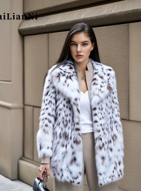 高奢西装领中长款美国山猫高端皮草外套气质名媛环保水貂豹纹女