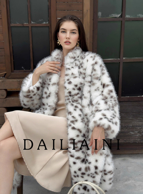 2025新款北美山猫纹皮草大衣女超长款斑点立领时尚顶奢仿毛皮外套