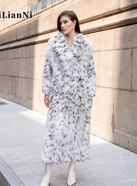 高奢西装领长款美国山猫绒高端皮草外套气质名媛环保水貂豹纹女