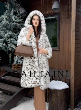 2025冬季新款欧美复古山猫豹纹环保皮草女外套长款连帽加厚保暖