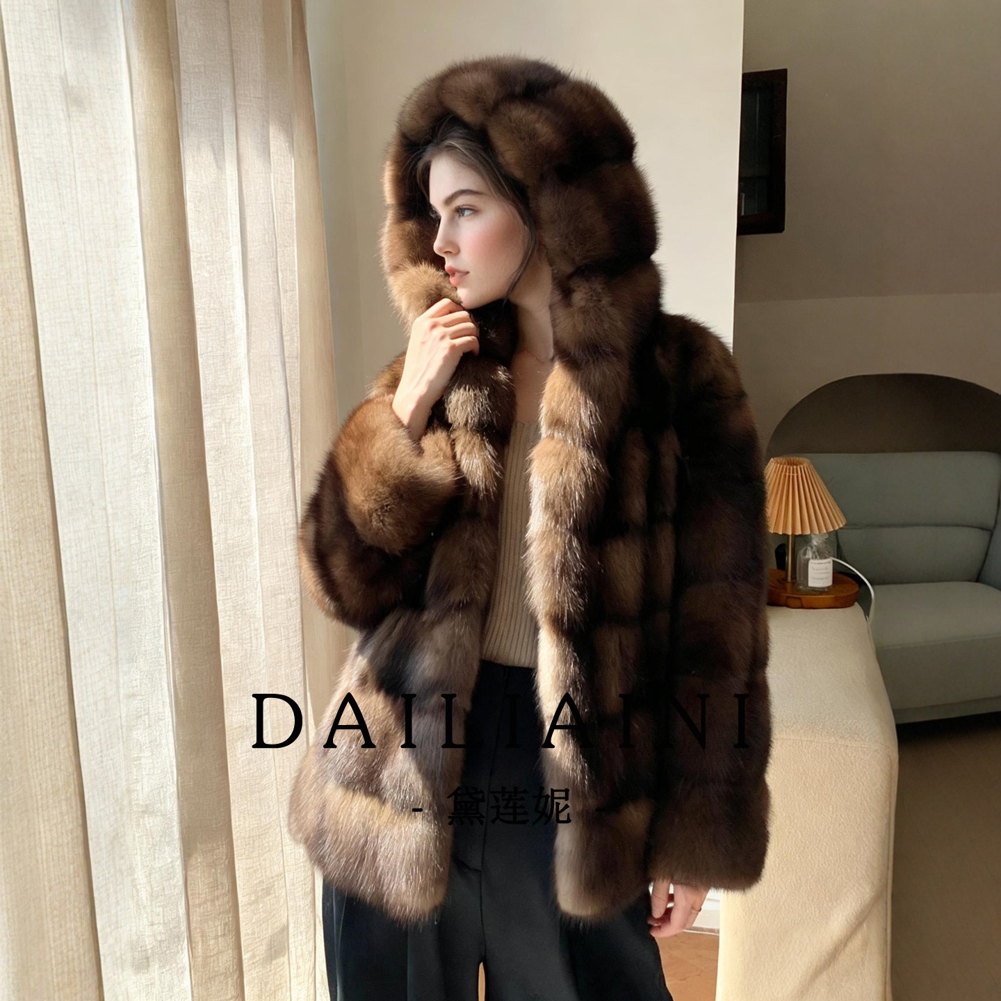 美拉德紫貂毛连帽保暖大衣女