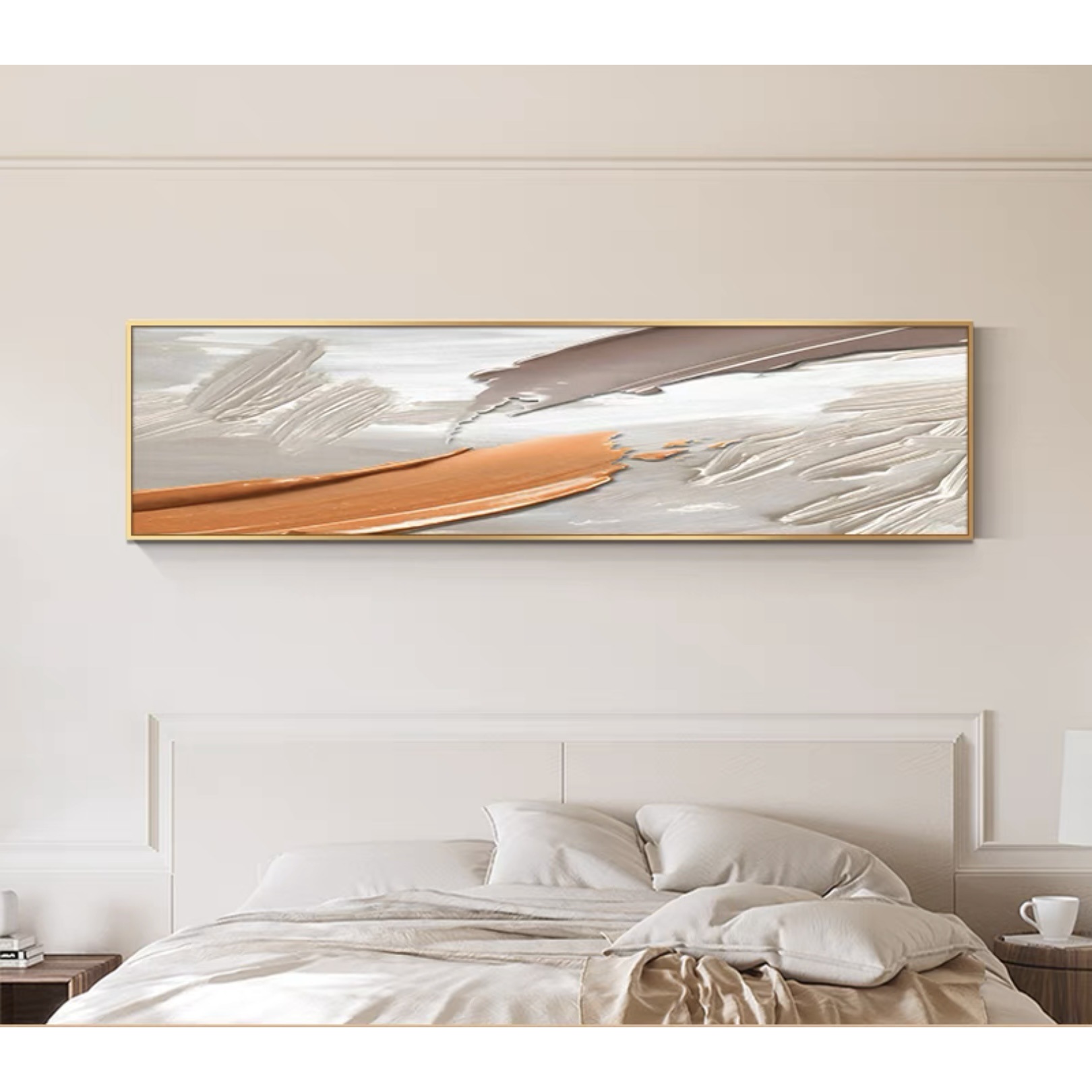 手绘油画现代简约卧室床头装饰画轻奢立体温馨房间背景墙橙色挂画图片