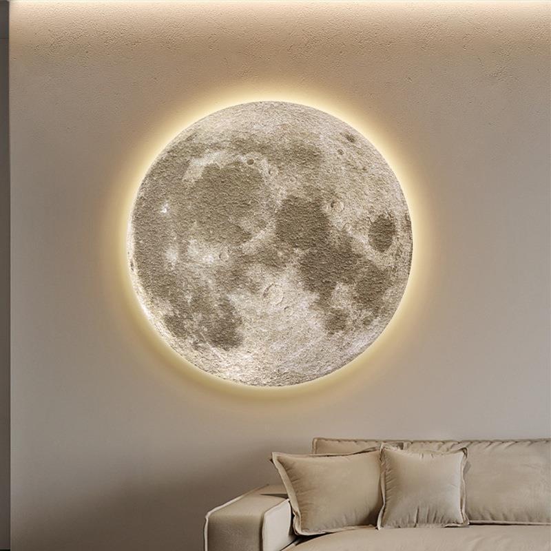 月球客厅背景墙面装饰画卧室床头壁画圆形发光灯画肌理画玄关挂画