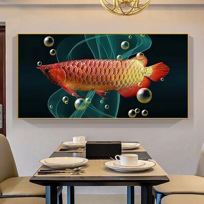 挂画餐桌饭厅装饰画框晶单幅画有招财瓷画中式新餐厅金龙鱼背景墙