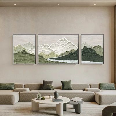 侘寂风客厅装饰画背有靠山画沙发背景墙挂画山水风景三联壁画
