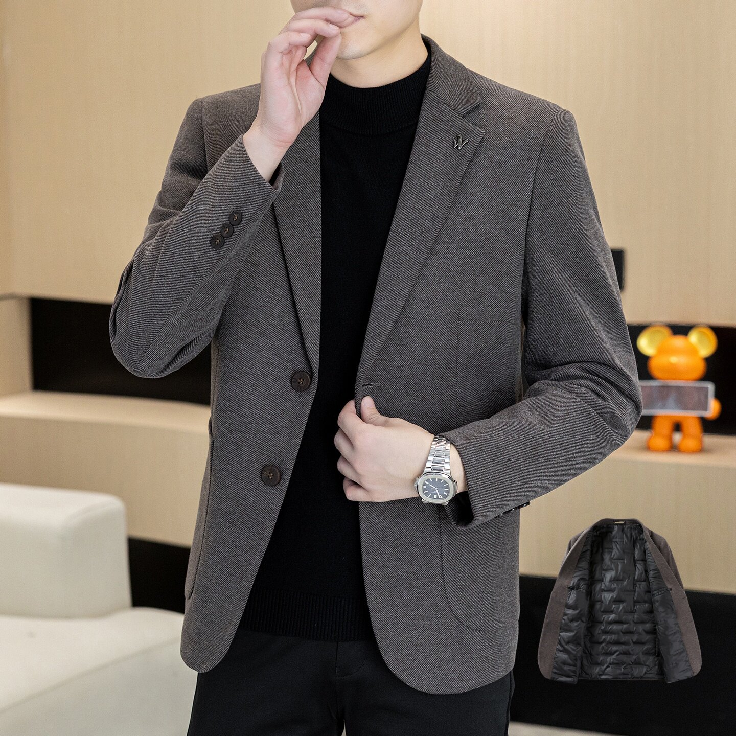罗蒙羽绒西服男秋冬新款休闲百搭加厚西装外套保暖商务爸爸装高档