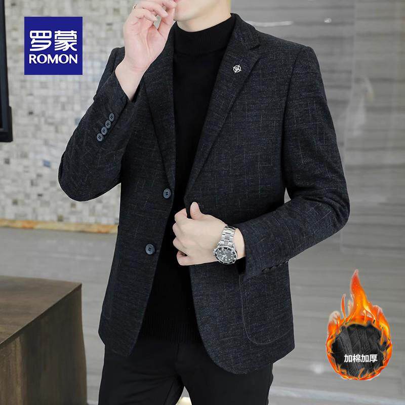 罗蒙加棉加厚男士休闲西装秋冬新款西装西服男单外套中年爸爸礼服