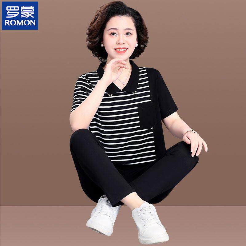 罗蒙妈妈夏装两件套装中年短袖t恤大码中老年人女夏季休闲运动服