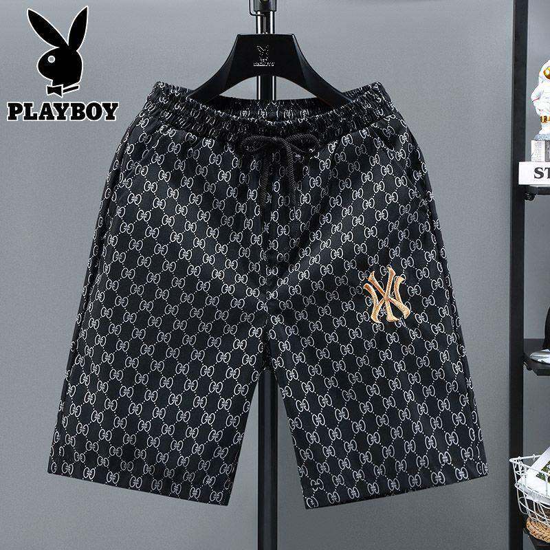 花花公子刺绣冰丝短裤男士2026夏季潮流休闲薄款五分裤透气沙滩裤