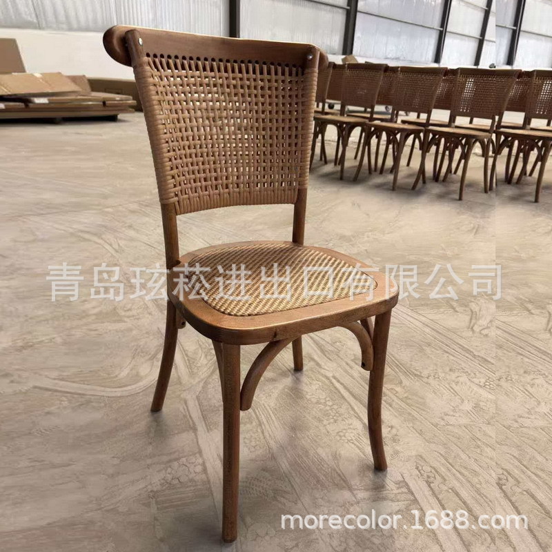 外贸出口仿藤席编后背实木叉背椅子复古可罗叠木制叉号椅餐椅凳子