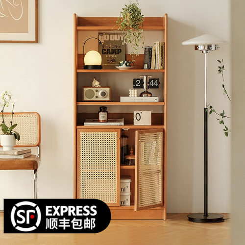 北欧日式客厅书架藤编收纳置物架展示陈列架简约储物柜一体樱桃木