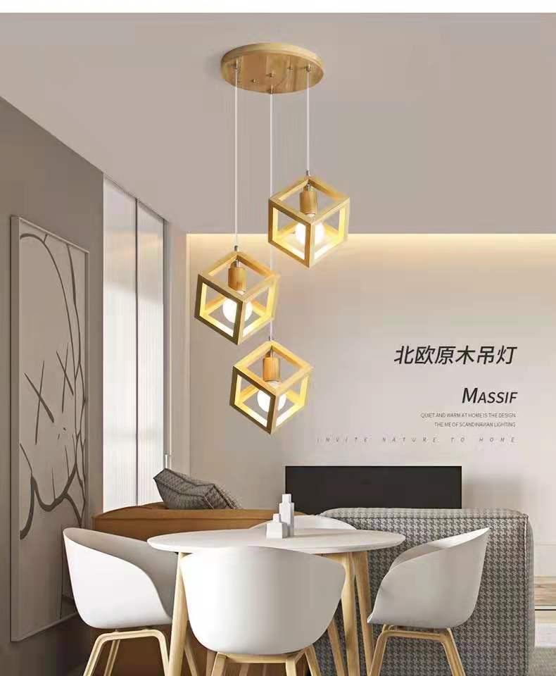 北欧原木吊灯式餐厅吧台木艺吊灯创意三角正方体卧室吊灯