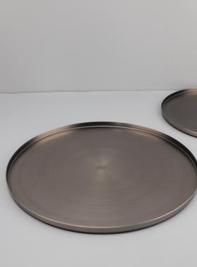 欧式轻奢电镀拉丝圆形托 托盘黑钛收纳摆件家居客厅餐桌水果盘装