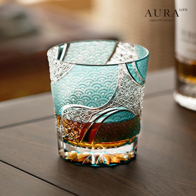 AURA'S江户切子水墨蓝云手工雕刻水晶杯青海波威士忌酒杯礼