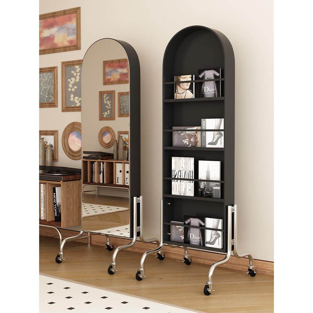 杂志架穿衣镜可移动镜子全身镜中古旋转收纳置物落地镜家用试衣镜