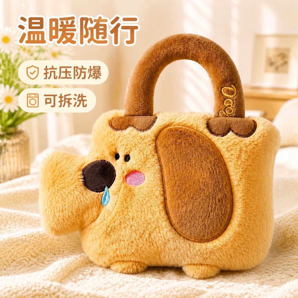 卡通手提小狗注水热水袋 毛绒可拆洗暖水袋 可爱萌系手提暖手宝秋