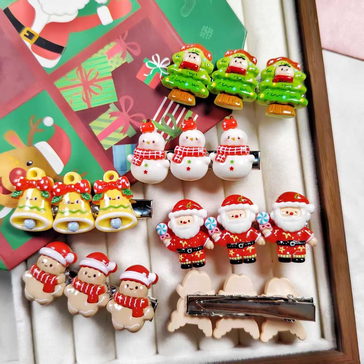 新款圣诞三连鸭嘴夹 卡通圣诞老人麋鹿雪人苹果铃铛节日装扮