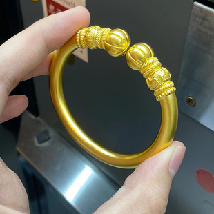 古法黄金南瓜手镯足金9999手工錾刻送妈妈实心纯金镯子开口定制礼