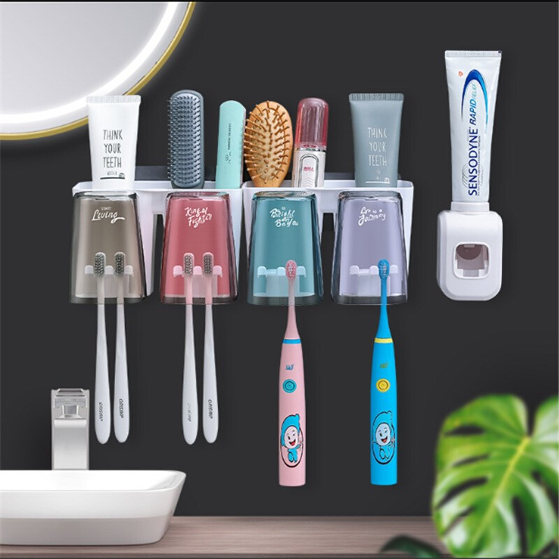 多功能吸盘式牙刷置物架壁挂式牙杯挤牙膏器挂壁式免打孔洗漱套装