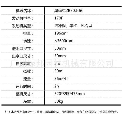 奥玛克水泵2寸园林农用机械浇水灌溉抽水机清水ZB50四冲程汽油泵