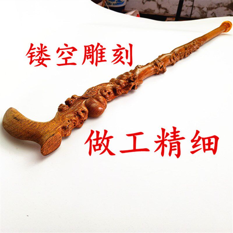 鸡翅木拐杖一体寿桃拐杖雕刻拐杖黑檀木手杖红木礼品拐杖厂家直供