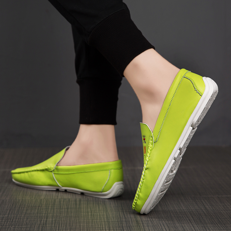 荧光绿色个性豆豆鞋男士韩版潮流软底发型师休闲一脚蹬无鞋带皮鞋
