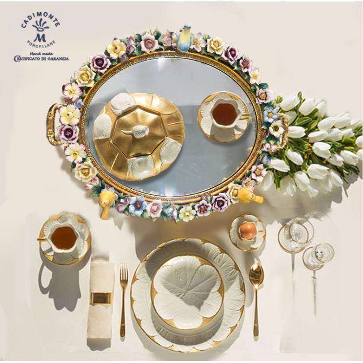 欧式陶瓷椭圆形托盘创意瓷雕花盘手工捏花工艺品礼品摆件