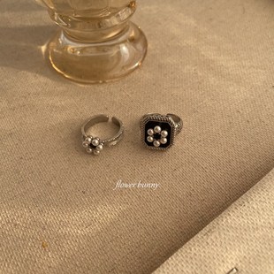 古着开口均码戒指银色法式黑优雅宫廷花卉小众不撞款珍珠做旧赫本