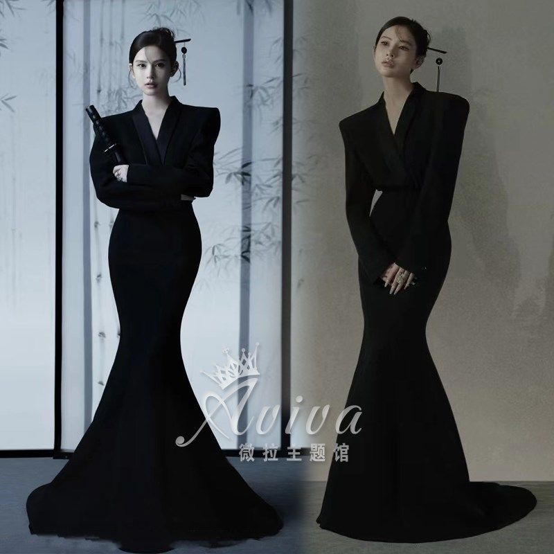 2022复古中国风工笔画西装写真婚纱主I题影楼摄影服装黑色鱼尾礼