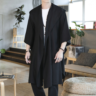 夏季 薄连帽披风瑜伽禅修斗篷道袍男中国风棉麻茶服男复古长袍汉服